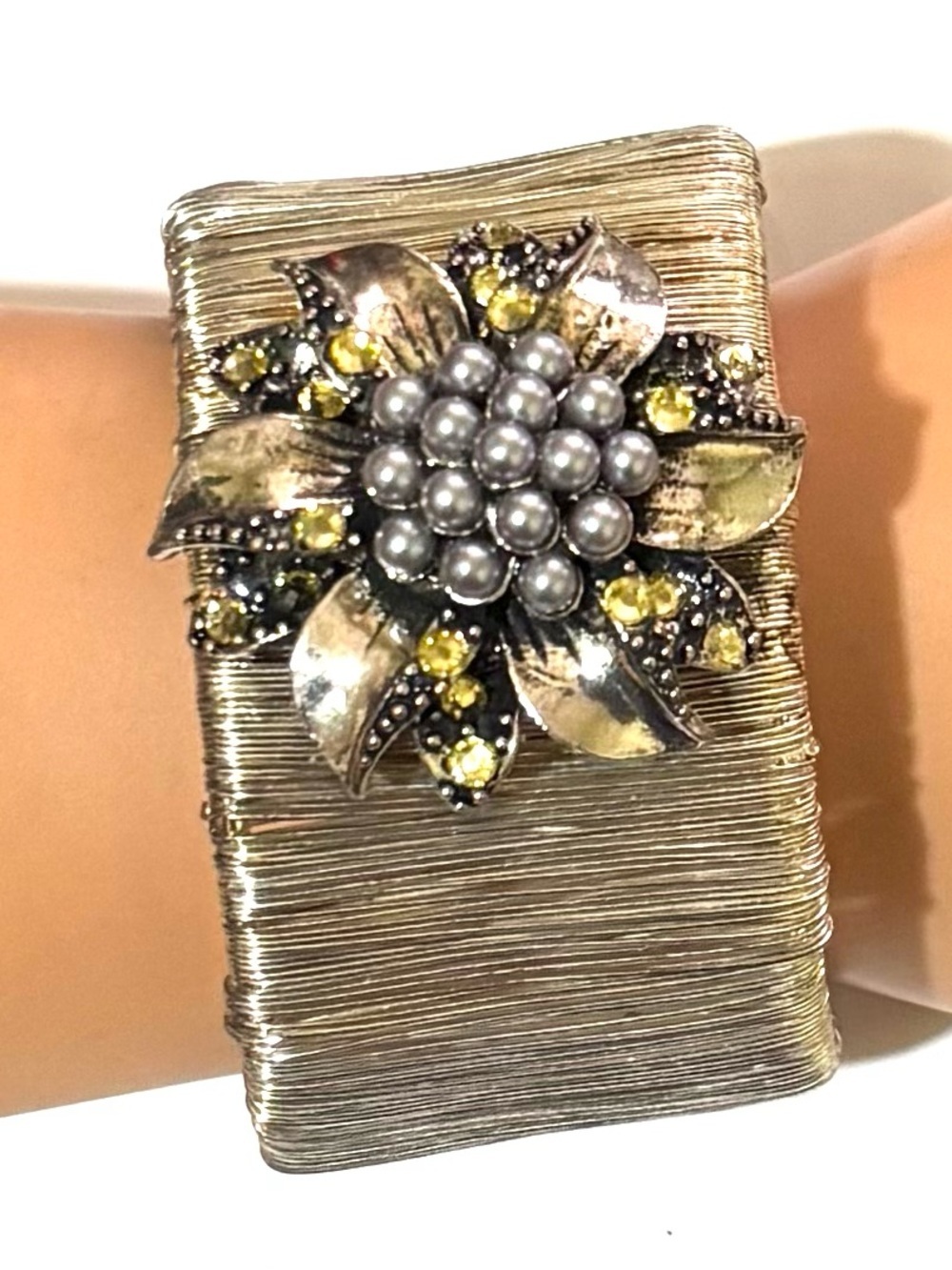 Vintage-Inspired Gold Flower Statement Bracelet with Yellow Accent Stones